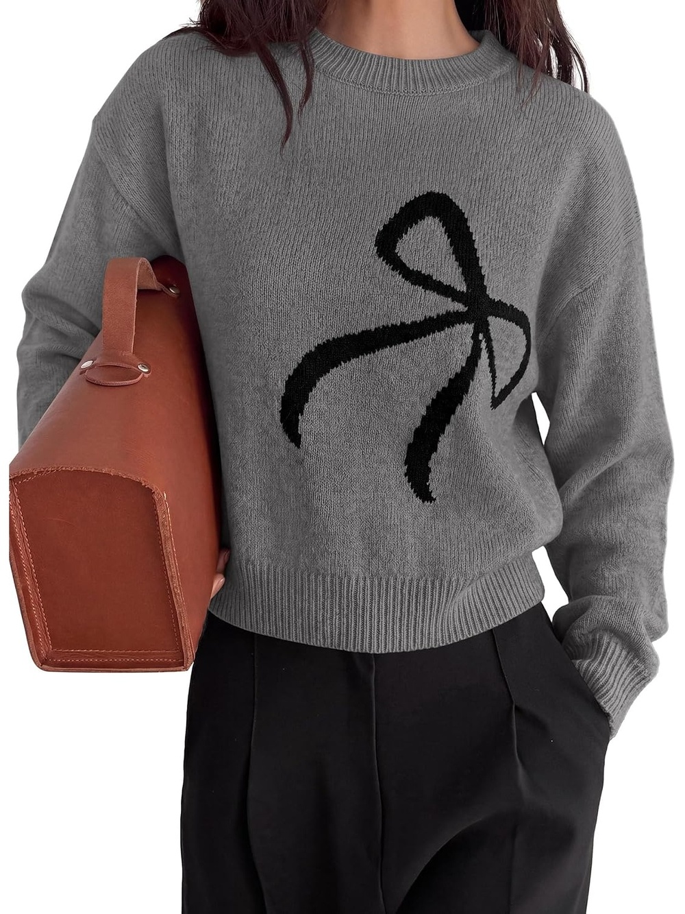 🆕Women's Grey Crewneck Long Sleeve Bow Knit Cozy Relaxed Pullover Sweater